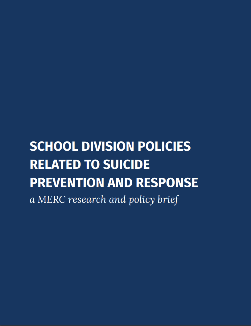 Blue cover of a research brief focused on suicide prevention policies in schools